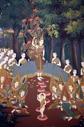 Die Geburt des Säuglings Siddhartha, Wandfresko, Wat Botum Tempel, Phnom Penh, 2022