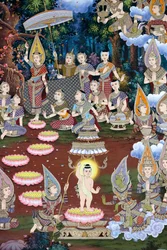 Die Geburt des Säuglings Siddhartha, Wandfresko, Wat Maniratanaram Kloster, Phnom Penh, 2022 (Foto)