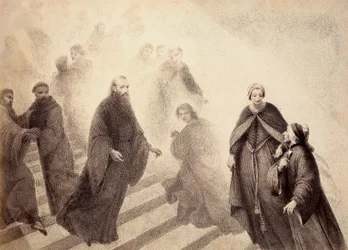 Der kontemplative Geist von Peter Damian steigt von einer goldenen Leiter herab und bewegt sich auf Dante zu. Illustration von Canto XVI in Paradiso der Göttlichen Komödie von Dante Alighieri. Werk von Francesco Scaramuzza, gewidmet der Gemeinde Florenz.