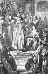 Die Krönung von Rudolf I. von Habsburg (1218-1291), König der Römer, am 24. Oktober 1273 im Aachener Dom, Deutschland. Gravur aus „Bilder-Gallerie zur allgemeinen Geschichte“ von Rotteck, 1843