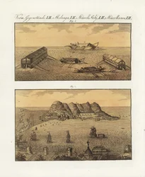 Die schwimmenden Batterien der britischen Armee in Gibraltar im Jahr 1782. Eine 210-Kanonen-Barke auf zwei Ebenen und eine weitere einstöckige Barke, entworfen vom französischen Ingenieur Arcon, um die Stadt zu bombardieren. Die schwimmenden Batterien der 