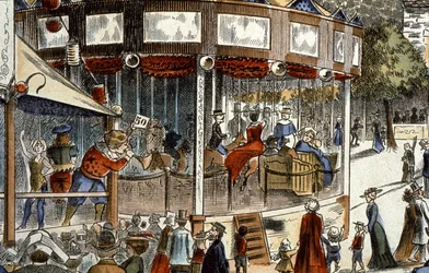 Das Karussell auf dem Jahrmarkt, Ende des 19. Jahrhunderts (Gravur)