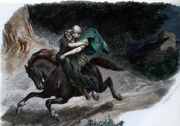 Der Kriegsherr des germanischen Stammes der Cherusker Arminius (Hermann) (18 v. Chr. - 21 n. Chr.) entführt Thusnelda (Gravur aus „Germania“ von Johannes Scherr 1880).