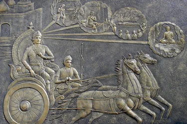 Tinh Xa Ngoc Chau buddhistischer Tempel, Das Leben des Buddha, Siddhartha Gautama, Prinz Siddhartha bat einen Wagenlenker, ihn auf eine Reihe von Fahrten durch das Land mitzunehmen, Chau Doc, Vietnam, 2018 (Foto)