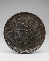Tablett mit Kranichen und Chrysanthemen