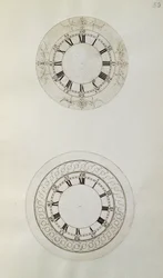 Zwei Entwürfe für große Emaille-Uhrzifferblätter, aus mechanischen Notizen und Zeichnungen von John Harrison (1693-1776) und seinem Sohn William (ca. 1726-72)