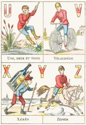 U V X Y Z ; U : Eins, zwei und drei ; V : Veloziped ; X : Xeres ; Z : Zephir - Spiele-Alphabet, ca. 1890 (Gravur)