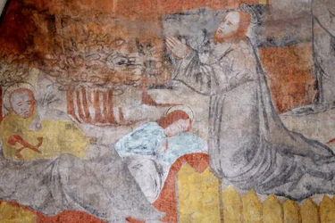 Kirche von Vault de Lugny. Wandmalerei aus dem 16. Jahrhundert. Christus in seiner Passion. Gethsemane, Jesus betet, während die Jünger ruhen. Frankreich