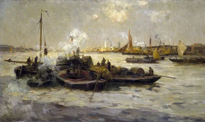 Ansicht von Limehouse, England, mit einer Beschreibung der Industrialisierung der Themse am Ende der viktorianischen Ära (spätes 19. Jahrhundert) und von Schleppern, Kuttern und Lastkähnen, im Hintergrund der Weiße Turm von St. George.