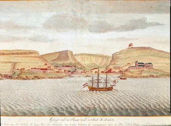 Ansicht von Sao Tiago (Santiago) auf Kap Verde (Zeichnung)