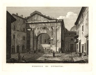 Ansicht der Porticus Octaviae oder Portikus der Octavia (Portico di Ottavia), Rom