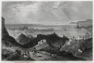 Ansicht der Stadt und des Hafens von Genua, die strahlende Stadt, die Marmorstadt, Genua-la-Superba, im Buch über das Mittelmeer von Louis Enault (1824-1900), einem französischen Journalisten und Reisenden