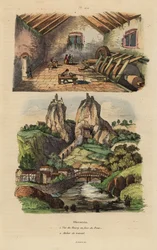 Ansicht der Stadt, Brücke und Felsenkirche in Oberstein 1, und Ansicht der Achat- und Jaspis-Edelsteinpoliermühle 2
