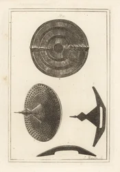 Ansichten eines antiken konkaven Rundels mit Umbo oder Spitze aus Lederhäuten, Eisenplatte und Messingnägeln