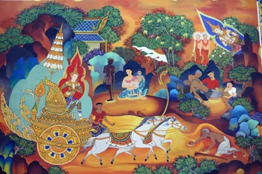 Wat Ananda Metyarama Thai-Buddhistischer Tempel. Gemälde des Lebens des Buddha, 20160818, Singapur, Singapur