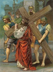 Kreuzweg - Via Crucis - Kreuzwegstationen: zweite Station, Jesus trägt sein Kreuz. Chromolithografie. Privatsammlung