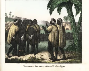 Hochzeitszeremonie in einem Stamm aus Senegal. Lithographie aus dem Buch: „Galerie complète en tableaux fidèles des peuples d