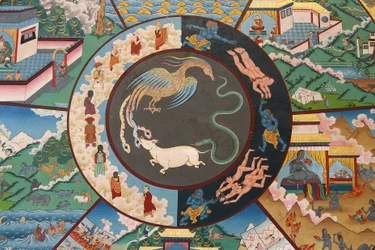 Rad des Lebens oder Rad des Samsara (Mandala): Hahn, Schlange und Schwein. Kopan-Kloster, Kathmandu, Nepal