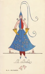 Frau im Glocken-Fantasiekostüm, la bell, mit glockenförmigem Hut, Kleid und Handschuhen und Glockentürmen im Hintergrund. Lithographie von unbekanntem Künstler mit Schablonenhandkolorierung aus Nos Travestis (Unsere Fantasiekostüme), Paris