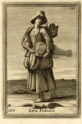Frau spielt das alte Rad (oder "Lira tedesca" oder "ghironda"). In "Gabinetto Armonico" von Filippo Bonanni, Rom