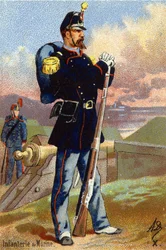 X: Marineinfanterie. Gravur in "Militäralphabet". Initialen des Illustrators: A. D. Unbekannter Verlag. Chromolithographien Ende des 19. Jahrhunderts.