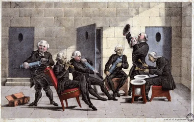 Amateure spielen eine Courante, französische Karikatur gegen Ärzte (halten Spritzen und Nachttöpfe als Musikinstrumente) und das Abführmittel im 18. Jahrhundert, Gravur von Elgelmann, ca. 1830