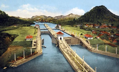 Die Schleuse von Pedro Miguel im Panamakanal, Postkarte um 1920