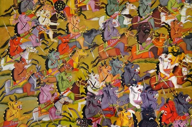 Marwar-Malerei: Detail aus Die Dämonen bereiten sich auf den Kampf gegen die Göttin Durga vor, Mehrangarh Fort Palastmuseum, Jodhpur, Rajasthan, Indien
