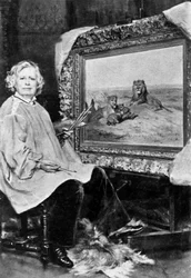 Rosa Bonheur (1822-1899), französische Tiermalerin, hier vor einer ihrer Leinwände, die Löwen darstellt, um 1875