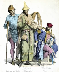 Kostüme des 11. Jahrhunderts: reicher Jude und Ritter - Gravur