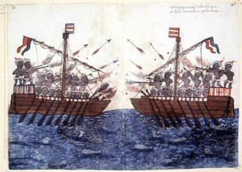 Gravur aus dem 16. Jahrhundert, die die Begegnung mit einem Piratenschiff im Indischen Ozean darstellt. Rom, Biblioteca Casanatense.