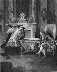 1715: Der König von Frankreich Ludwig XIV. (1638-1715) hört die Worte von Pater Michel Le Tellier (1643-1719), seinem Jesuitenbeichtvater. Gravur des 19. Jahrhunderts. In „Histoire de France“ von Jules Michelet