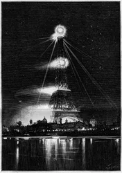 Weltausstellung 1889: Der Eiffelturm, am Abend der Ausstellungseröffnung am 6. Mai von bengalischen Feuern beleuchtet