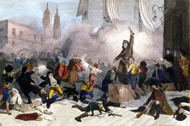 2.05.1808: Aufstand in Madrid gegen die französische Übernahme Spaniens. Gravur aus dem 19. Jahrhundert