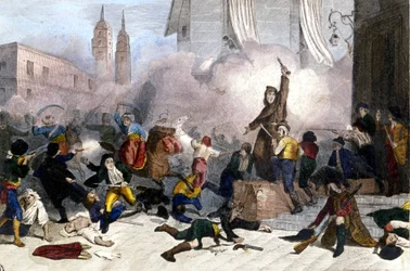 2. Mai 1808: Aufstand in Madrid gegen die französische Übernahme Spaniens. Lithographie um 1830.