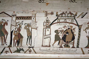 32: Das Erscheinen des Kometen; 33: Ein Bote warnt König Harold II. (1022-1066) - Bayeux-Tapete, bekannt als Stickerei der Königin Mathilde