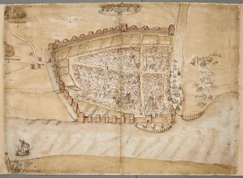 Eine Darstellung der Stadt Hull aus dem 16. Jahrhundert. Diese Karte zeigt die Stadt Hull, gelegen an der Mündung des Flusses Hull in die Humber-Mündung. Es ist eine von einer Reihe von Plänen, die den Zustand der Küstenverteidigungen um 1530 zeigen.