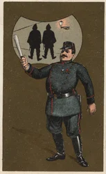 Ein französischer Polizist in Uniform mit seinem Schlagstock. Anonyme Chromolithographie, späte 19. Jahrhundert.