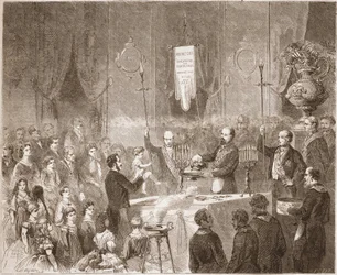Eine Freimaurer-Taufe in der Loge der Fraternelle Amitive im Jahr 1861