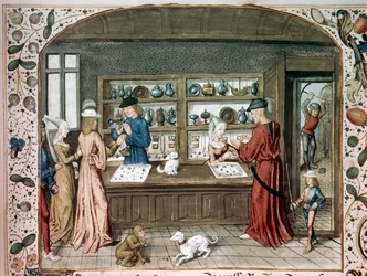 Ein Miniaturschmuckladen aus „Le lapidaire de Jean (Jehan) de Mandeville (1300-1372)“ 15. Jahrhundert Paris, B.N.