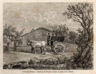 Ein sienesischer Bauernkarren, mit zwei Rädern, für den Transport von Weinfässern, gezogen von einem Paar kleiner weißer Ochsen. Gravur zur Illustration einer Reise nach Siena (Italien) im Jahr 1865, in „Le tour du monde, nouveau journal des voyages“ herau