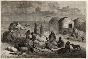 Ein Turkmenenlager im Grenzgebiet von Turkestan und Persien, jedes Zelt, bestehend aus einem Holzgerüst und mit Filz bedeckt, beherbergt eine Familie. Gravur zur Illustration der Geschichte von Henri de Blocqueville „14 mois de captivité chez les turcomans