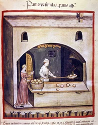 Ein Bäcker bereitet Weißbrot und Grießbrot zu. Illumination aus der Milking of Medicine and Dietetics „Tacuinum sanitatis“