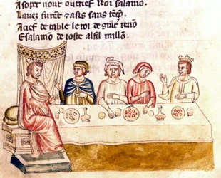 Eine Bankettszene: ein König und seine Gäste - Miniatur aus dem Kodex „Die Entrée von Spanien“ (Ms.Franc.21) 14. Jahrhundert. Biblioteca Marciana, Venedig.