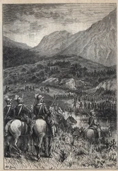 Ein Schlachtfeld - Illustration des 19. Jahrhunderts für den historischen Roman „The Puritans of Scotland“ (Old Mortality) von Walter Scott