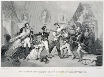 Ein Leibwächter wird von einem Nationalgardisten gerettet (29. Juli 1830) - in „Fastes de Gardes nationales de France“