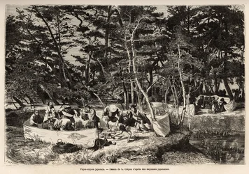 Ein bürgerliches Picknick in den Vororten von Edo (heutiges Tokio), innerhalb einer Stoffumzäunung, Gäste, normalerweise zwei Familien, teilen ihre Mahlzeit und oft gibt es Musiker, Tänzer und Pantomimen. Gravur zur Illustration der Reise