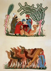 Eine Karawane in Bewegung. Illustration des 13. Jahrhunderts der „Maqamat“ (Seancen) von Abu Mohammed al-Kasim ibn Ali Hariri (oder Al-Hariri) (1054-1122) in „Arabische Kunst“ von den Denkmälern Kairos vom 7. bis zum 18. Jahrhundert von P
