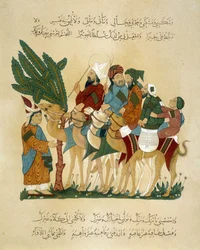 Eine Karawane in Bewegung. Illustration des 13. Jahrhunderts aus den „Maqamat“ (Sitzungen) von Abu Mohammed al-Kasim ibn Ali Hariri (oder Al-Hariri oder Al Hariri) (1054-1122) in „Arabische Kunst“ aus den Denkmälern von Kairo vom 7. bis zum 18. Jahrhundert