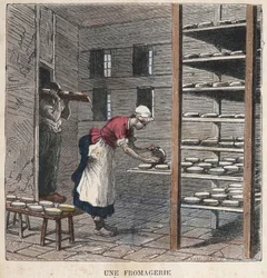 Eine Käserei. Illustration des 19. Jahrhunderts. Bianchetti Sammlung